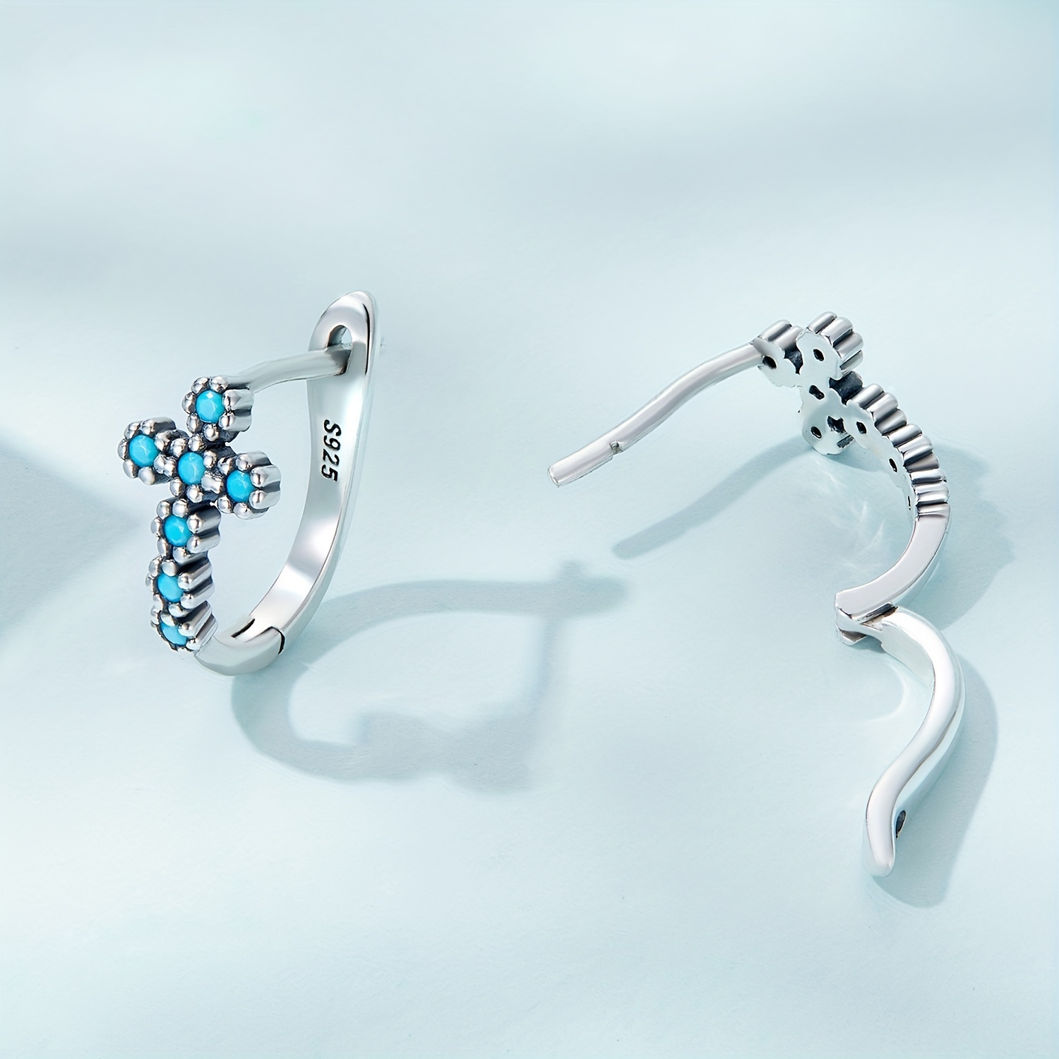 925 Silver Cross Pattern Turquoise Hoop Earrings Bohemian Style